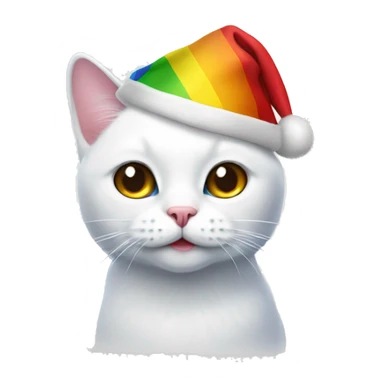 White cat with Christmas cap holding an lgbt flag sticker