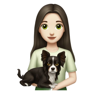 pale skin girl with green eyes with long dark brown hair that had a flower in her hair  holding a black and brown cavalier dog  sticker