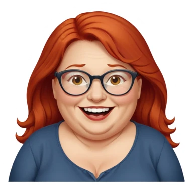 obese; older 50's ; long red hair ; women hazel eyes; glasses ; laughing sticker