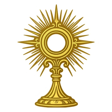 a stylized monstrance, bold lines, gold, radiating rays, religious object sticker