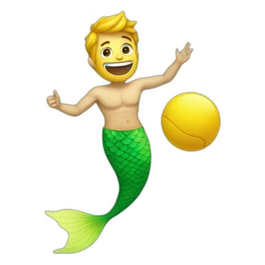 Underwater happy bold man mermaid swimming, holding a small yellow ball, winning enthousiasm sticker