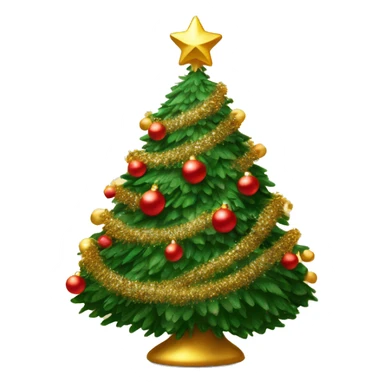 Super twinkly full christmas tree with red and gold decorations and gold tinsel sticker