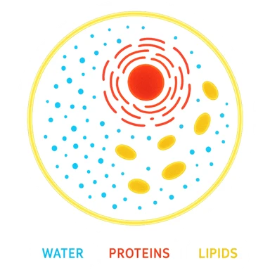 Zelle, deren Inhalt leuchtet in verschiedenen Farben (z. B. blau für Wasser, rot für Proteine, gelb für Lipide sticker