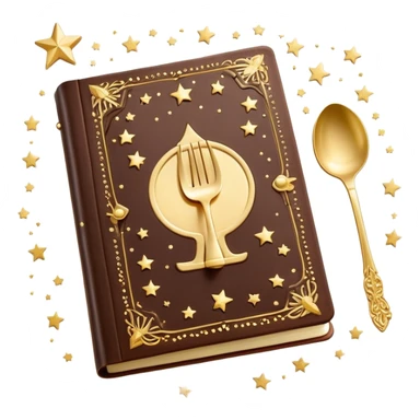 Magical glowing cookbook with a sparkling fork and spoon symbol on the cover, surrounded by tiny stars and magical sparkles sticker