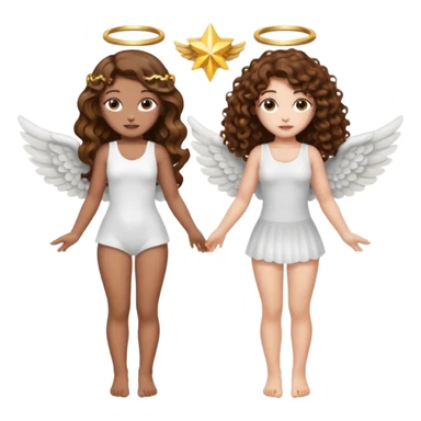 fake angel pose — long wavy brown hair tattooed woman and short tight curly brown hair woman — halo sparkle sticker
