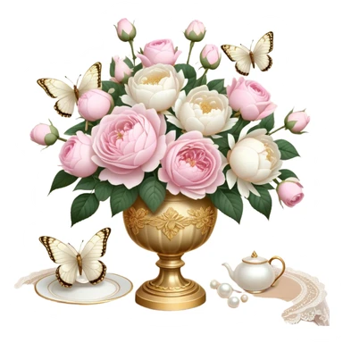 A romantic vintage still life featuring a bouquet of soft pink roses and lush white peonies in an ornate gold-trimmed ivory vase, with delicate pearl butterflies resting on the petals, set on a lace-covered wooden table. sticker