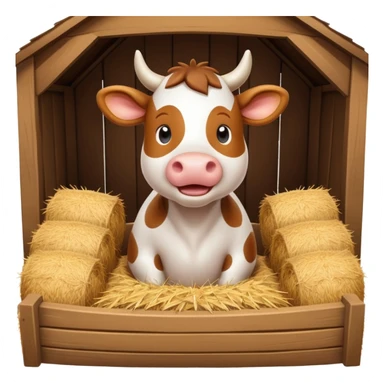 cute cow feeding scene inside a cow barn, wooden stable, hay bales, feeding trough, happy cow eating hay, warm farm lighting, 3D cartoon, mobile game icon style, clean background, no text, no watermark
 sticker