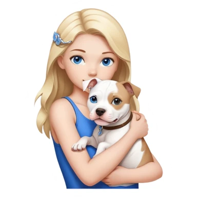 Blonde girl with blue eyes holding a american stafford who’s white and has a little brown on his back sticker