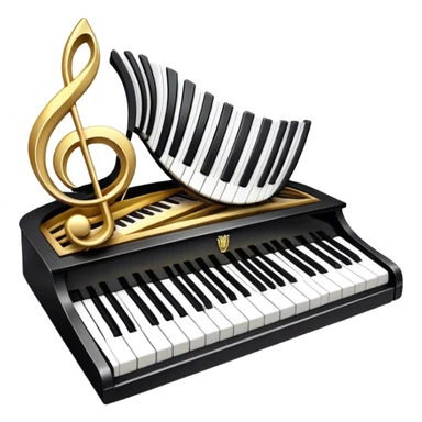 Create an elegant and festive emoji collage representing keyboard instruments, styled like a heraldic emblem. The design should feature a central focal point of black and white piano keys, arranged in a semi-circular or shield-like shape. Around the piano keys, add intertwining musical notes that form flowing ribbons, creating a dynamic and celebratory atmosphere. The design should be professional, with polished silver and gold accents on the keys and notes, highlighting the luxury and sophistication of the instruments. Add subtle shading and lighting effects to give the design a refined, 3D appearance. The background should remain transparent, and the overall feel should evoke grandeur, artistry, and a sense of celebration. sticker