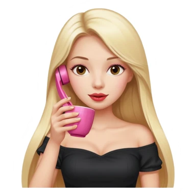 close-up of woman with straight long blond hair, gossiping on a pink analogue phone, holding a tea cup, wearing an off-shoulder black top, red face sticker