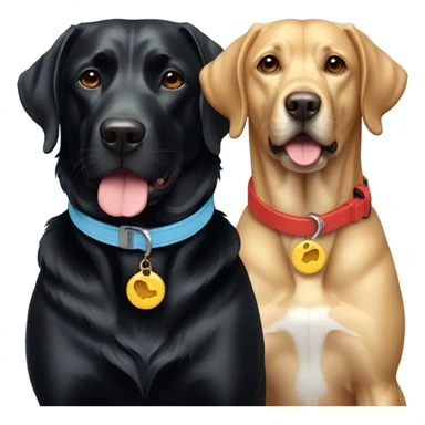 2 dogs, black labradors. one on the left smaller. The dog on left with a light blue collar. dog on right with red collar. sticker
