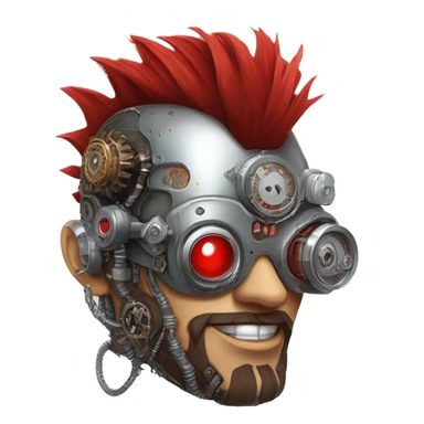 cyborg head with red Mohawk, red beard. silver steampunk monocle goggles a smile and circuits sticker