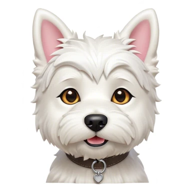 Cinematic Cute West Highland White Terrier Portrait Emoji, Head tilted playfully and inquisitively, featuring a fluffy, immaculate white coat with perky ears, round, sparkling dark eyes filled with curiosity, Simplified yet irresistibly adorable features, highly detailed, glowing with a warm, friendly glow, high shine, affectionate and lively, stylized with a touch of whimsy, bright and endearing, soft glowing outline, capturing the essence of a mischievous yet loving pup, so playful it feels like it could bound out of the screen and into your arms! sticker