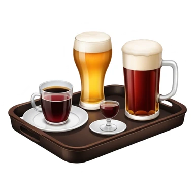 A serving tray with a beer, glass of wine, and a cup of coffee sticker