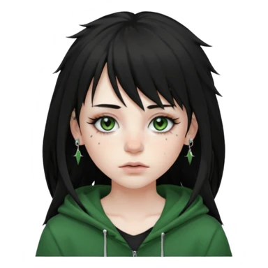 girl with black long layered hair with wispy bangs, pale skin, black t shirt, freckles on nose, dark nude colored lipliner, fluffy lashes, green hooded eyes, black spiky septum ring, eyebrow piercing, blush, thin black eyebrows. sticker