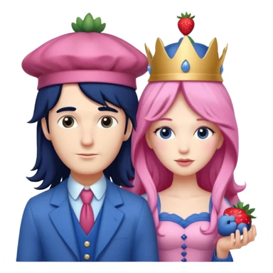 pale blueberry prince man Handsome with long black hair blueberry hat and clothes. He is standing  next to pale strawberry princess woman with strawberry hat eyelashes long pink hair and Pink strawberry dress sticker