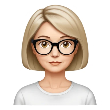 white woman about 50 years old, light warm skin, short bob haircut to neck with slight waves at ends, medium brown hair with soft highlights, neutral expression, large black shiny butterfly or cat-eye glasses, white casual t-shirt, calm and creative energy sticker