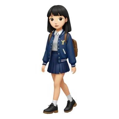 hair : black long hair with fringe 
skin : light 
outer : deep brown varsity jacket (oversize) 
skirt : navy long long school girl skirt (under knee)  
motion : walking alone 


 sticker