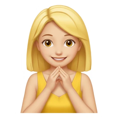 yellow smiling face girl with both hands flat under chin fingers touching sticker