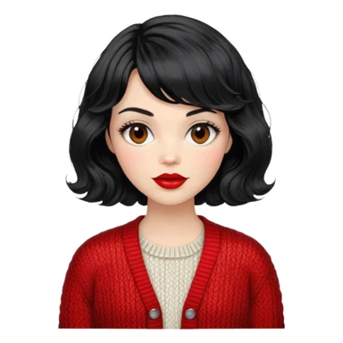 Alluring 1970's French girl french shiny black wavy textured bob haircut tousled hair red lips wearing knitted cardigan sticker