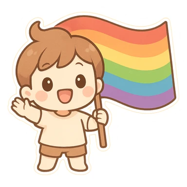 chibi sticker-style big waving rainbow flag, cute and exaggerated sticker