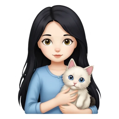 A girl with long black hair holding a cute  Ragdoll cat sticker