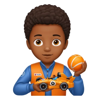 black kid playing orange colored formula 1 toy sticker