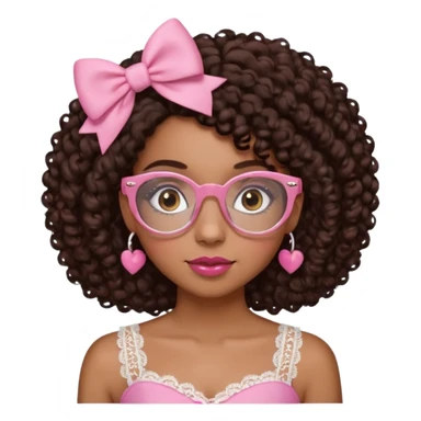 medium kinned afro-latina girl with medium length chocolate brown side part curly hair, small pink bow on the side, with brown glasses, brown eyes, noes piercing, pink and white sweekhart necklined top with lace, round wide-ish nose sticker
