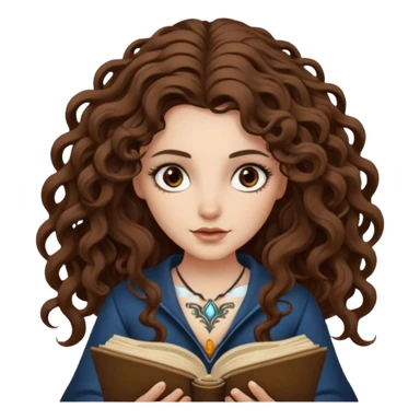 woman with long curly brown hair, brown eyes, white skin, tattoos, reading a spellbook that grows roots instead of pages sticker