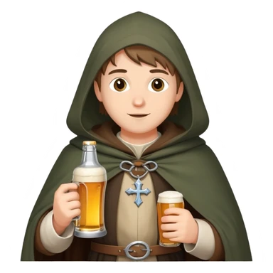 young medieval pilgrim with cloak and beer bottle sticker