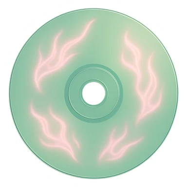 A minimalist CD disc with subtle pink flames, glowing effect, variation 2, color: green sticker