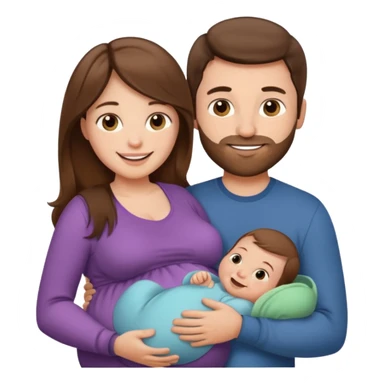 "Pregnant woman with long brown hair and fair skin and man with short brown hair and fair skin (without a mustache) holding one baby  smiling."
 sticker