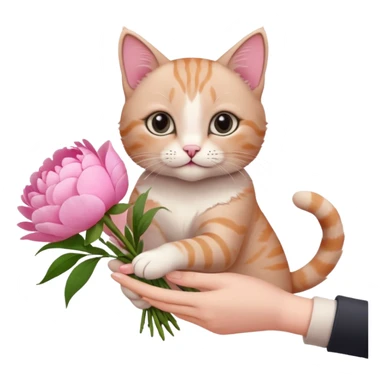 Cute cat Handing pink peonies like reaching a hand and handing them out a bouquet of them with a couquette sticker