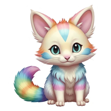  cute adorable pastel-iridescence-gradients albino fur with random colorful iridescent rainbow markings beautiful elegant pretty precious cute  Fakémon-Pokémon-opossum-feline-serval-caracal-chinchilla-Minccino-hybrid-creature with a big fluffy bushy striped tail (full body) sticker
