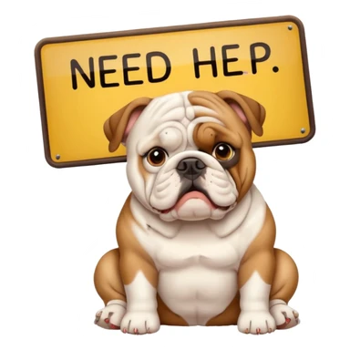 cute English bulldog sitting beside a 'need help' sign, emoji style sticker