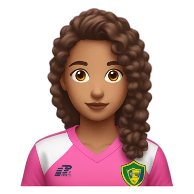 A 12 years old girl with long curly brown hair and a little nose and brown eyes with Pink mouton with à Black watch wearing Brazil shirt sticker