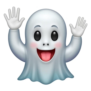 ghost emoji with tongue out with one hand up and one down and 6 above the left hand and 7 above the right hand sticker