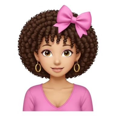 Naturally tan skin girl short darkBrown curly afropink shirt very long lashes hoop gold earrings Brown eyes gyaru smiling closed mouth cute bow hairclip small on the side. V neck pink shirt. Teenager sticker
