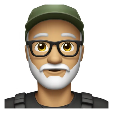 Create an emoji of a man with a white beard, black eyebrows, olive green eyes, wearing a black baseball cap and glasses sticker