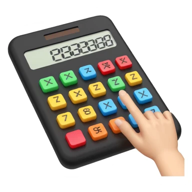3D iPhone style emoji of a person using a calculator, finger pressing colorful buttons, digital display showing numbers, isolated on white background, soft shadows, high detail, playful and cute. sticker