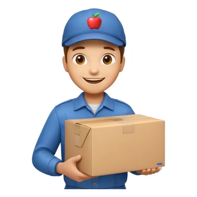 3D Apple-style emoji of a delivery worker holding a cardboard package. Wearing a cap and uniform shirt, smiling expression. Rounded, glossy, smooth, soft shadows, white background.




 sticker