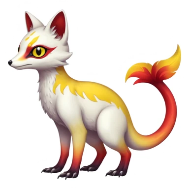  Hyper-realistic oily smooth silky soft White white with red gradients, and yellow slit eyes markings beautiful handsome gorgeous aesthetic colorful vibrant Vernid-Trico-species-Fakemon-creature by LiLaiRa, 4 legs, 1 tail, random markings, (full body) sticker