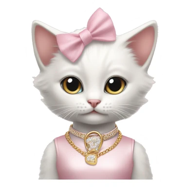 A cute white kitten wearing a pastel pink dress, a ribbon on its head, white Jordan shoes, Dior-branded gloves, a large gold necklace, and big silver earrings. sticker