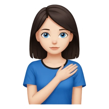 Girl with dark brown hair thats about shoulder lenght with blue eyes putting two hands on their neck in a black tshirt sticker