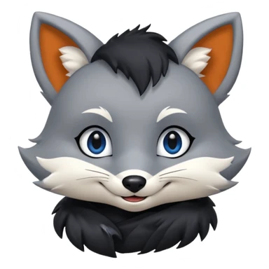 Grey anthropomorphic furry fox with a black coat, blue eyes, and a small fringe of black hair, smiling sticker