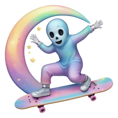 ghost skateboarding under a pastel moon and stars sticker