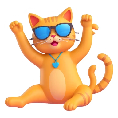 Cat wearing sunglasses in a playful stretching pose, 3D emoji style, no background. sticker