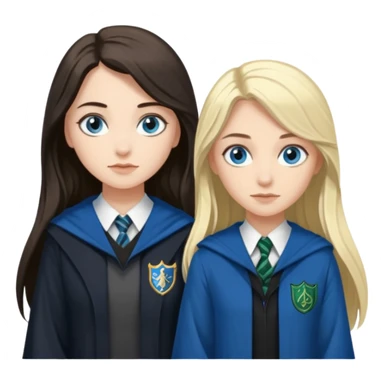 a pretty ravenclaw girl with long dark brown hair and blue eyes standing with a hot Slytherin girl with long blonde hair, blue eyes sticker