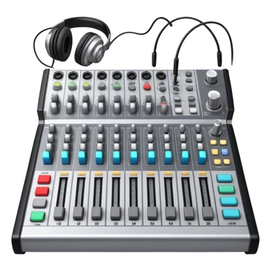 Create a professional and technical emoji that represents sound engineering. The design should feature a sound mixing console with faders, a pair of studio headphones, and audio waveforms to symbolize the precision and technicality of sound mixing and mastering. Include elements like a microphone or audio cables to reflect the recording aspect. Use colors like silver, black, and dark blue to represent the technical, yet artistic side of sound engineering. The background should be transparent. sticker