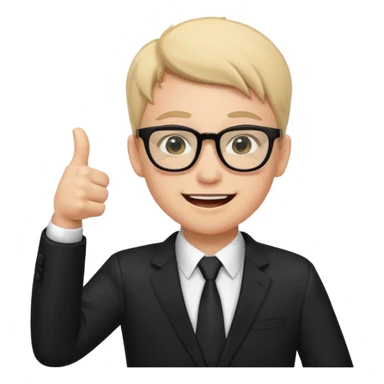 un estudiante con terno negro que este parado con sus lentes guiñando el ojo y CON LAS MANOS HACIA ARRIBA DANDO LIKE sticker